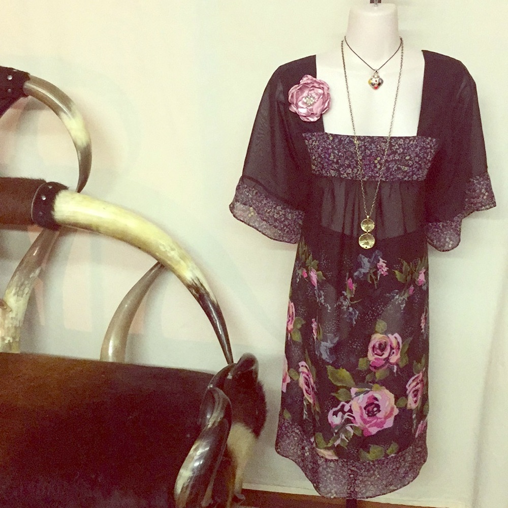Sheer black floral BoHo hippie back tie dress XL